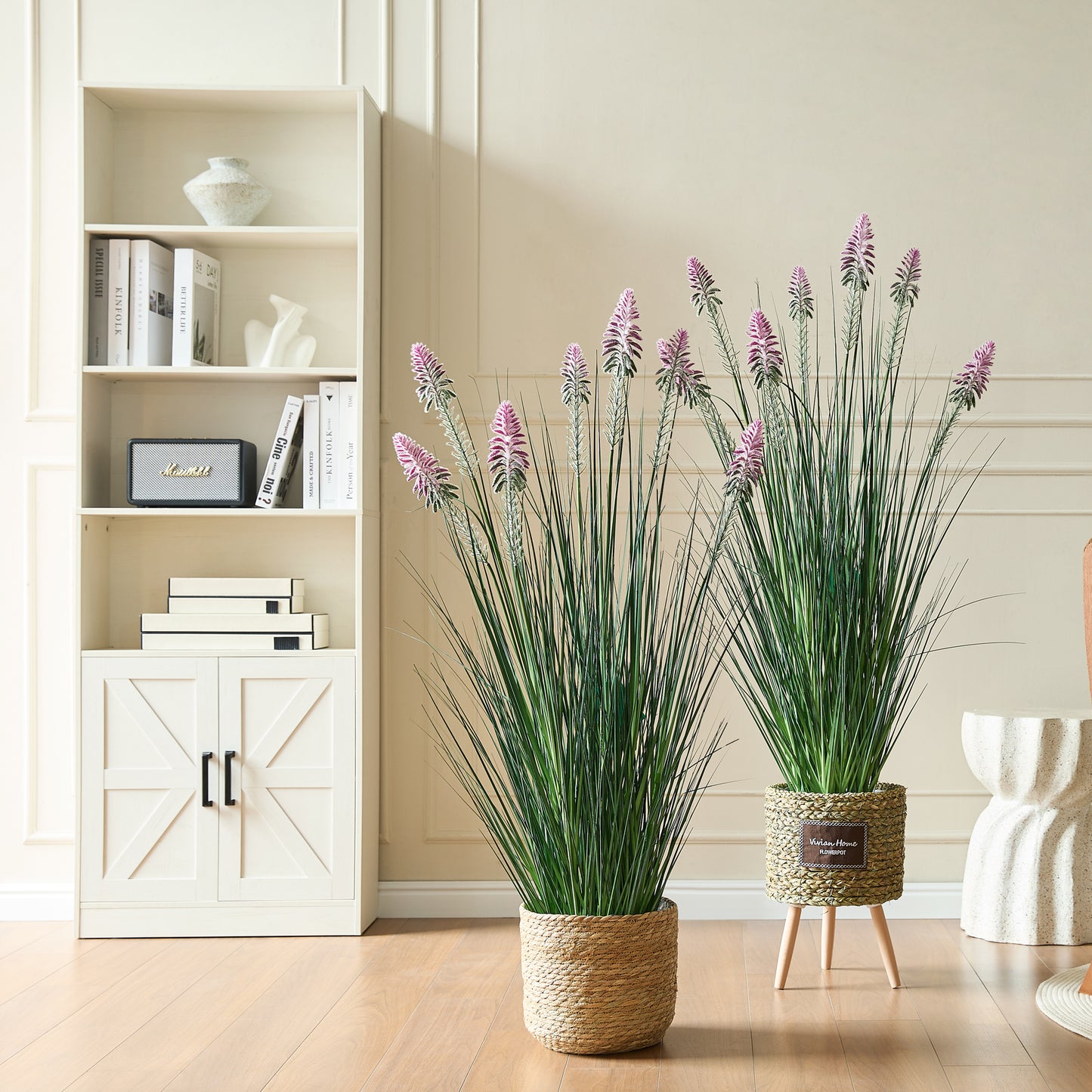 FloraFairy 4ft 2-Pack Artificial Horsetail Reed Grass with Purple Cockscomb Flower, 48in Tall Potted Faux Plants