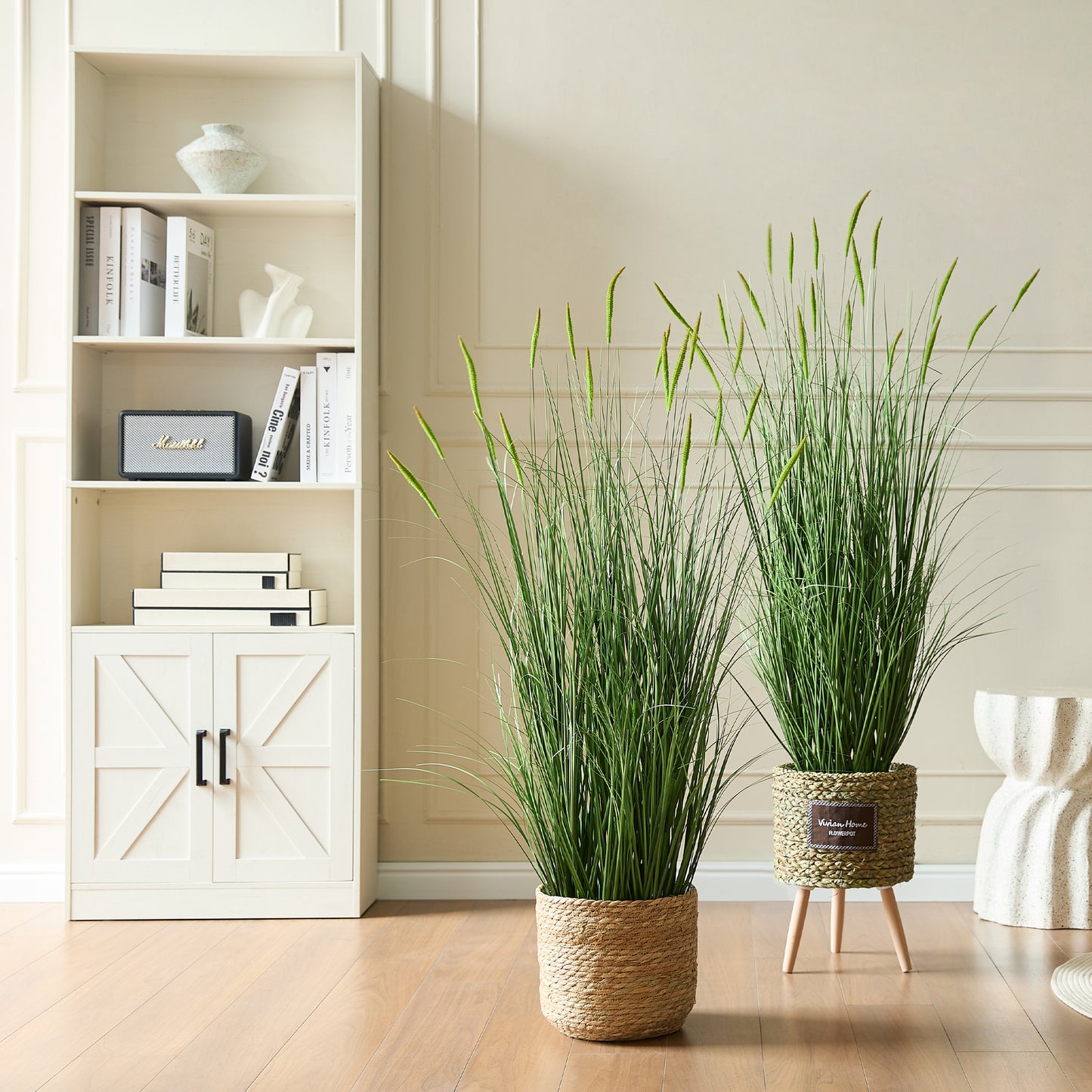 FloraFairy Faux 4ft 2-Pack Horsetail Reed Grass with Green Seed Heads, 48in Tall Fake Grass in Pot for Home Office Decor