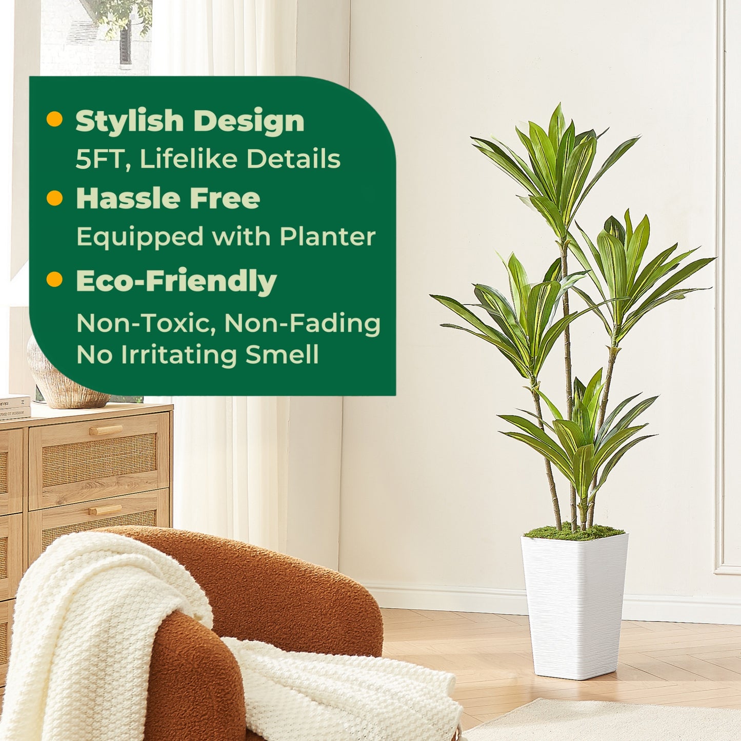 5FT Artificial Dracaena Tree with White Planter and Fake Moss - Real Touch Potted Fake Plant for Home & Office Decor, Faux Yucca Indoor Floor Tree