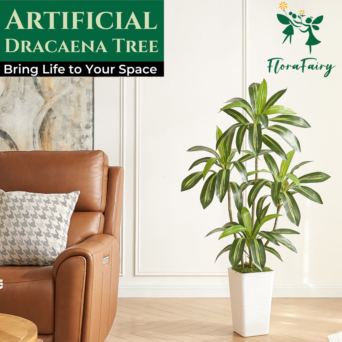 5FT Artificial Dracaena Tree with White Planter and Fake Moss - Real Touch Potted Fake Plant for Home & Office Decor, Faux Yucca Indoor Floor Tree