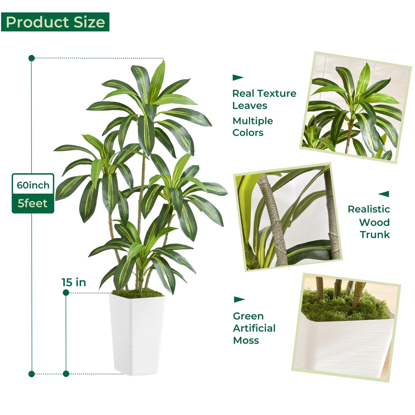 5FT Artificial Dracaena Tree with White Planter and Fake Moss - Real Touch Potted Fake Plant for Home & Office Decor, Faux Yucca Indoor Floor Tree