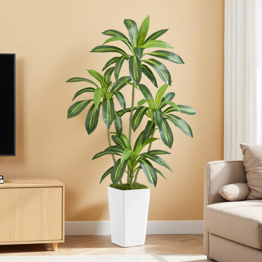 5FT Artificial Dracaena Tree with White Planter and Fake Moss - Real Touch Potted Fake Plant for Home & Office Decor, Faux Yucca Indoor Floor Tree