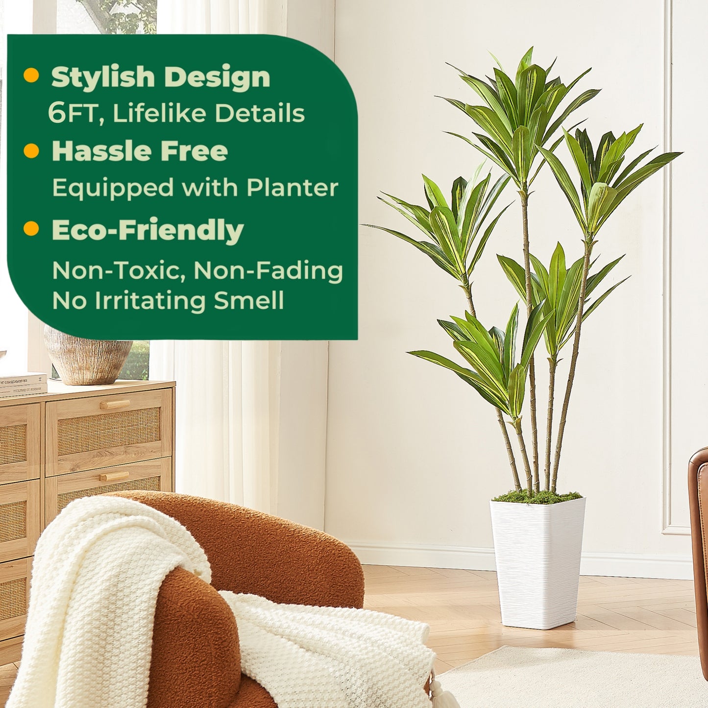 6FT Artificial Dracaena Tree with White Planter and Fake Moss - Real Touch Potted Fake Plant for Home & Office Decor, Faux Yucca Indoor Floor Tree