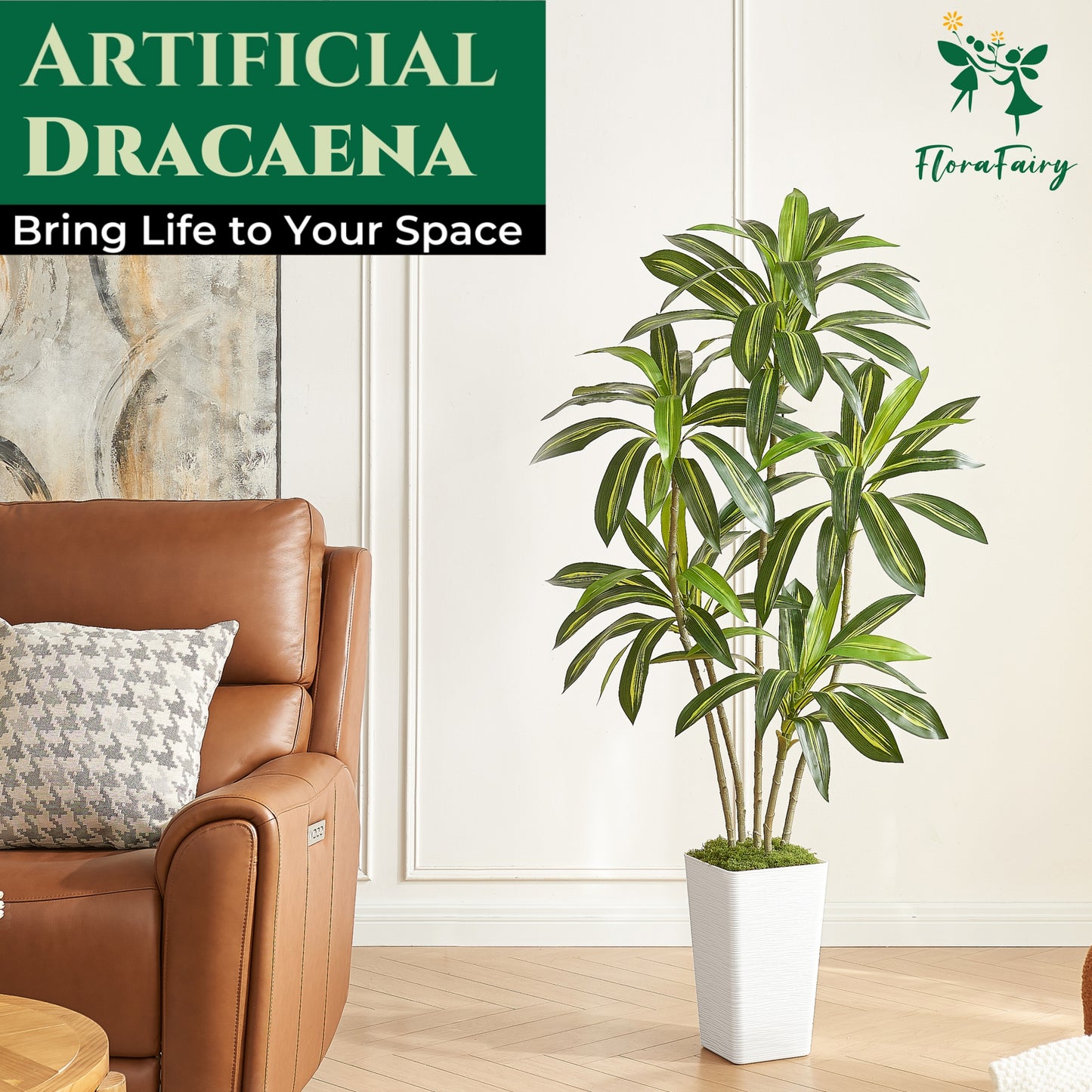 6FT Artificial Dracaena Tree with White Planter and Fake Moss - Real Touch Potted Fake Plant for Home & Office Decor, Faux Yucca Indoor Floor Tree