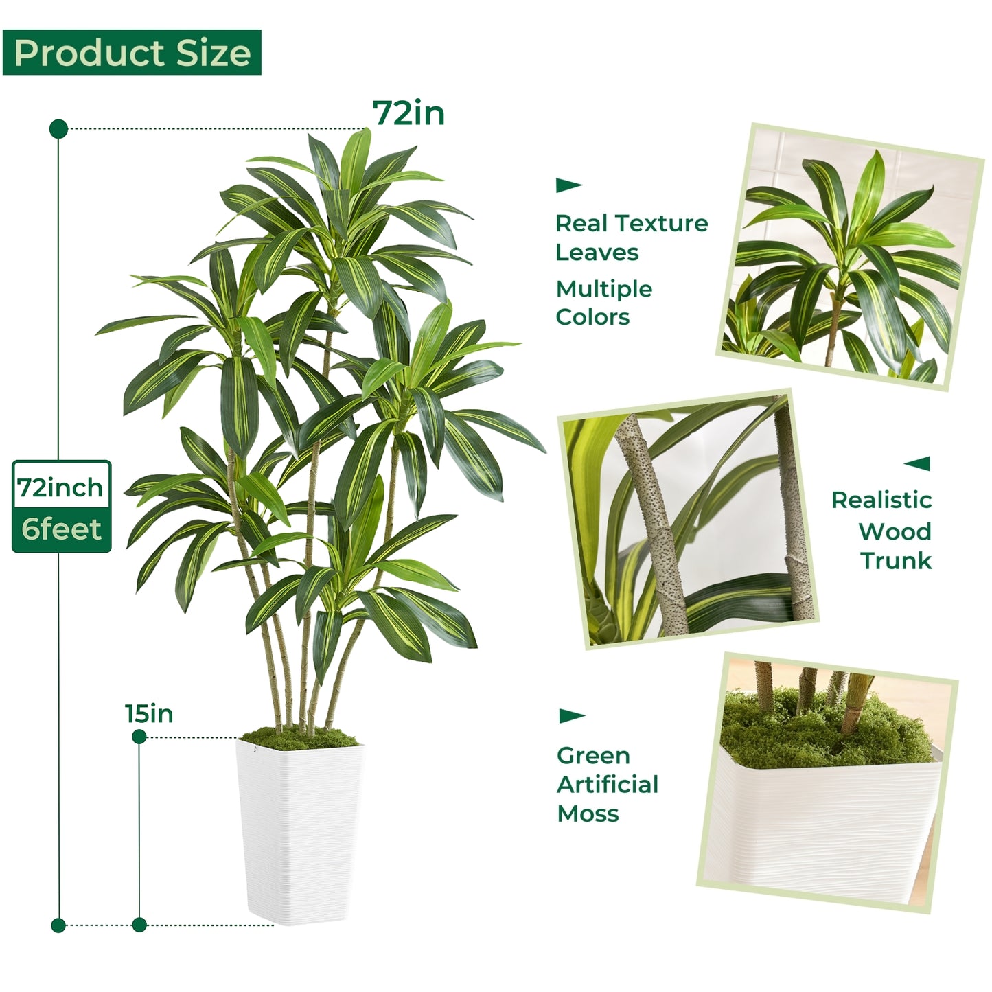 6FT Artificial Dracaena Tree with White Planter and Fake Moss - Real Touch Potted Fake Plant for Home & Office Decor, Faux Yucca Indoor Floor Tree