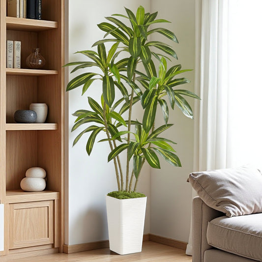 6FT Artificial Dracaena Tree with White Planter and Fake Moss - Real Touch Potted Fake Plant for Home & Office Decor, Faux Yucca Indoor Floor Tree