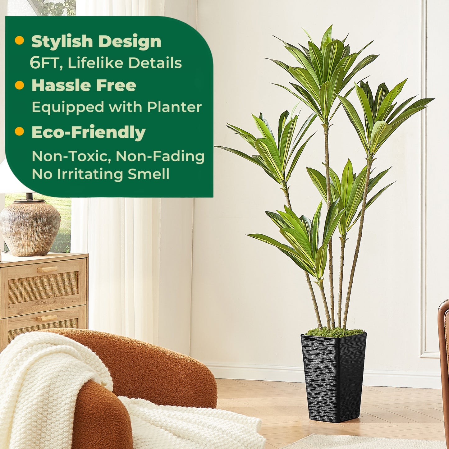 6FT Artificial Dracaena Tree with Black Planter and Fake Moss - Real Touch Potted Fake Plant for Home & Office Decor, Faux Yucca Indoor Floor Tree