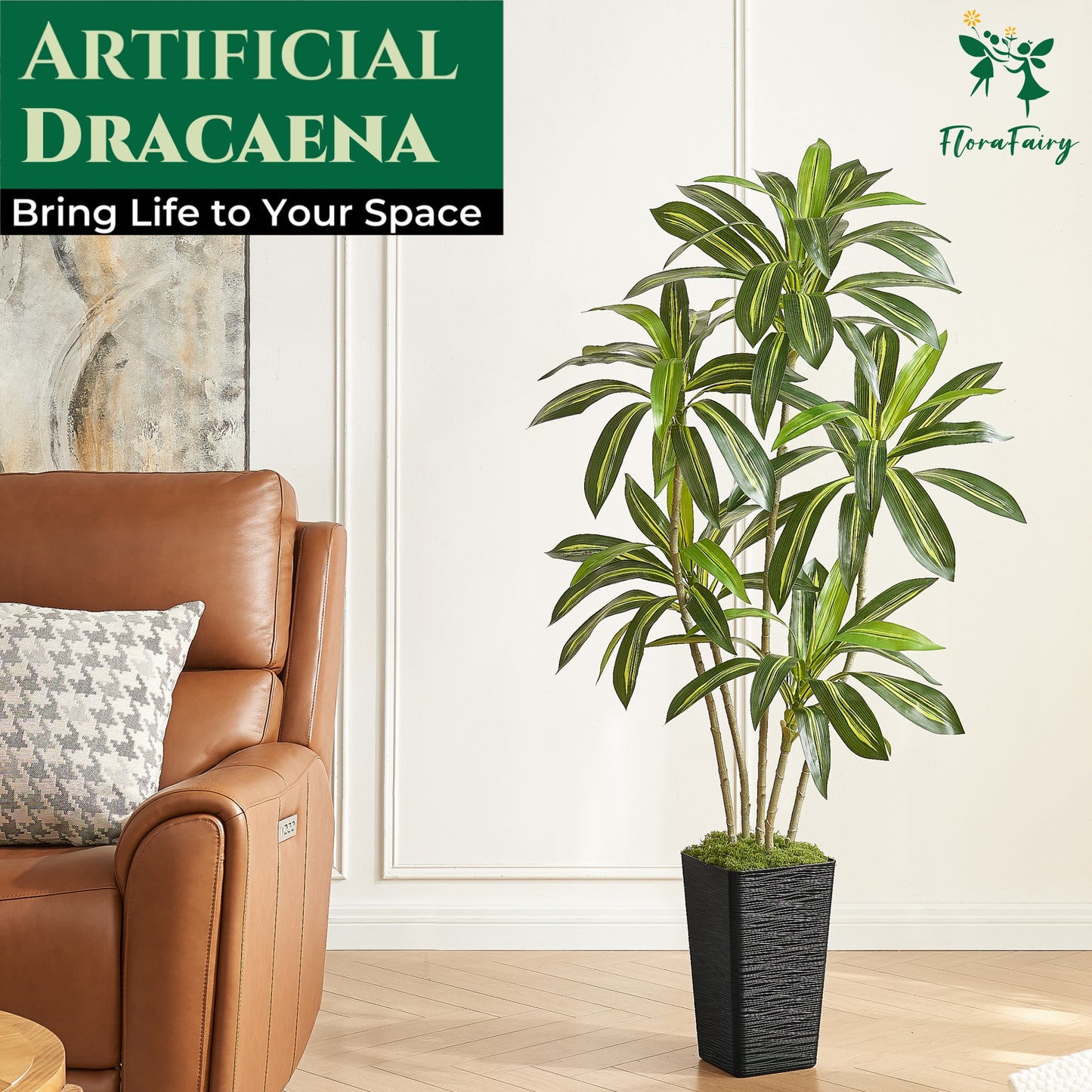 6FT Artificial Dracaena Tree with Black Planter and Fake Moss - Real Touch Potted Fake Plant for Home & Office Decor, Faux Yucca Indoor Floor Tree