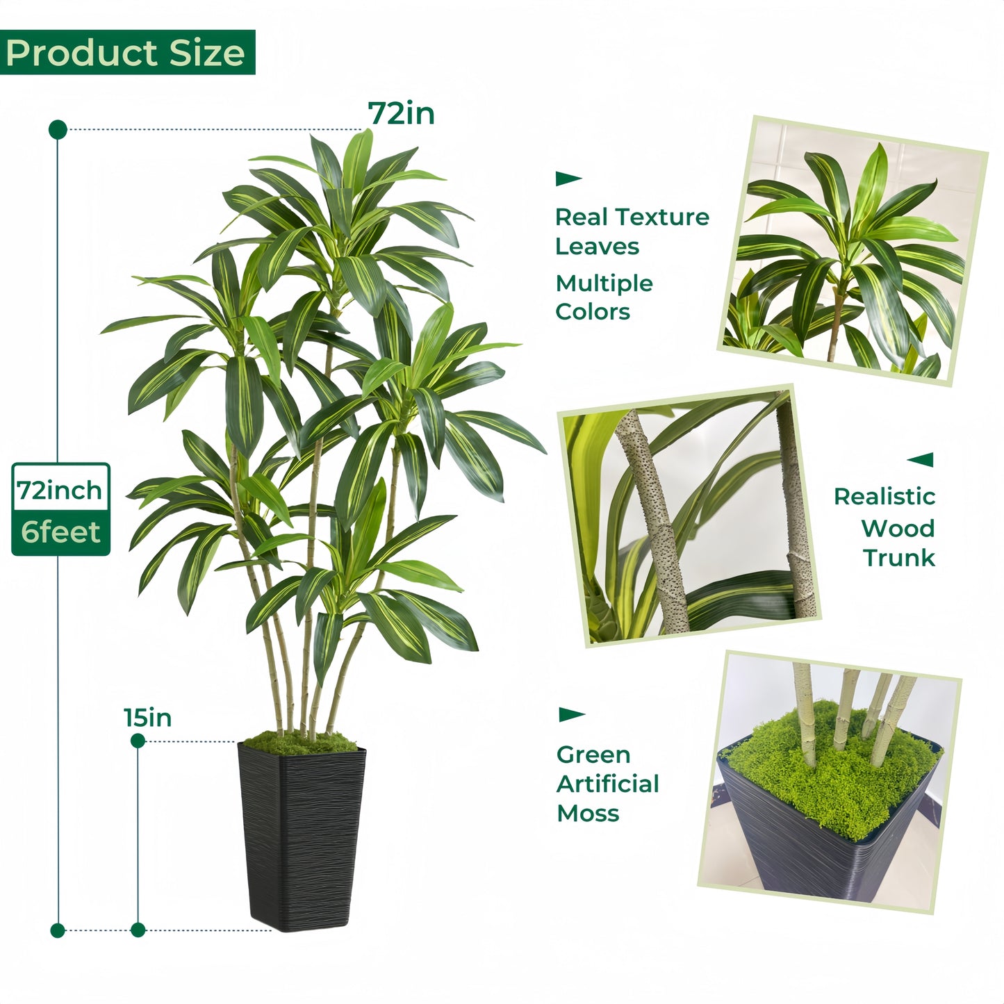 6FT Artificial Dracaena Tree with Black Planter and Fake Moss - Real Touch Potted Fake Plant for Home & Office Decor, Faux Yucca Indoor Floor Tree