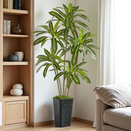 6FT Artificial Dracaena Tree with Black Planter and Fake Moss - Real Touch Potted Fake Plant for Home & Office Decor, Faux Yucca Indoor Floor Tree