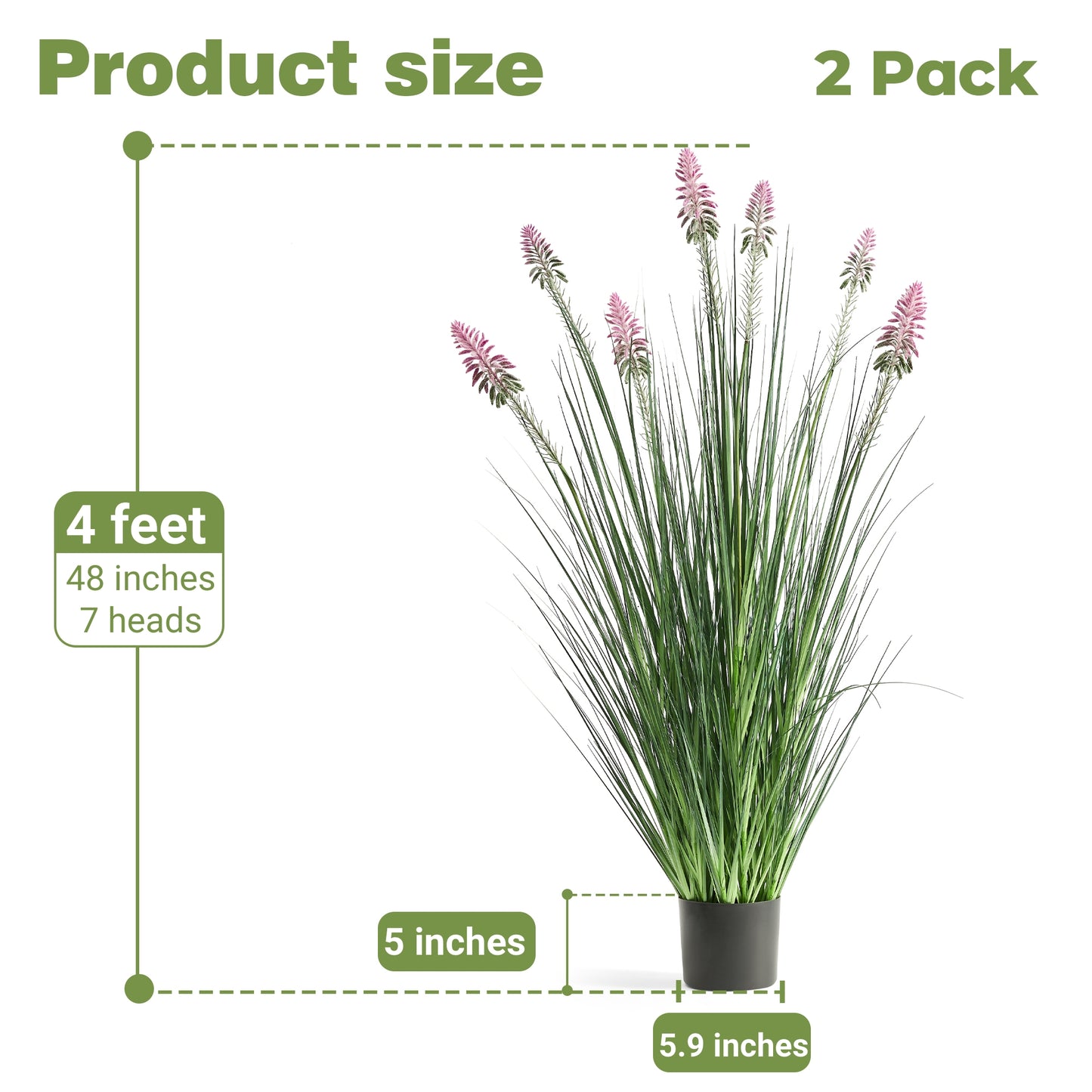 FloraFairy 4ft 2-Pack Artificial Horsetail Reed Grass with Purple Cockscomb Flower, 48in Tall Potted Faux Plants