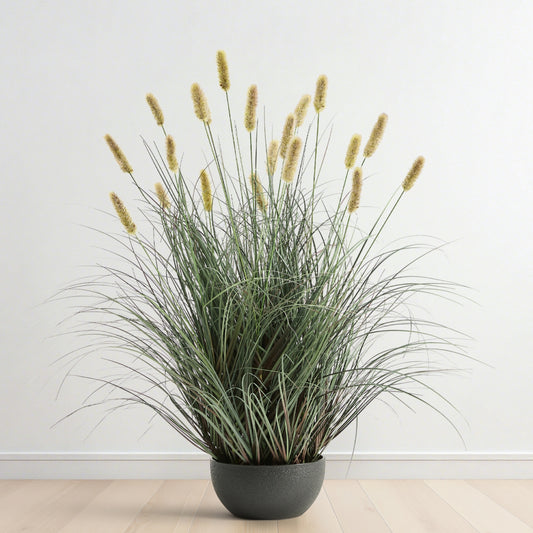 FloraFairy 3ft Onion Grass, Artificial Plant and Greenery, Fake Floor Plants Indoor Outdoor, Potted Faux Green Bristlegrass with Yellow Spikes, Horsetail Reed Grass, House Decorative