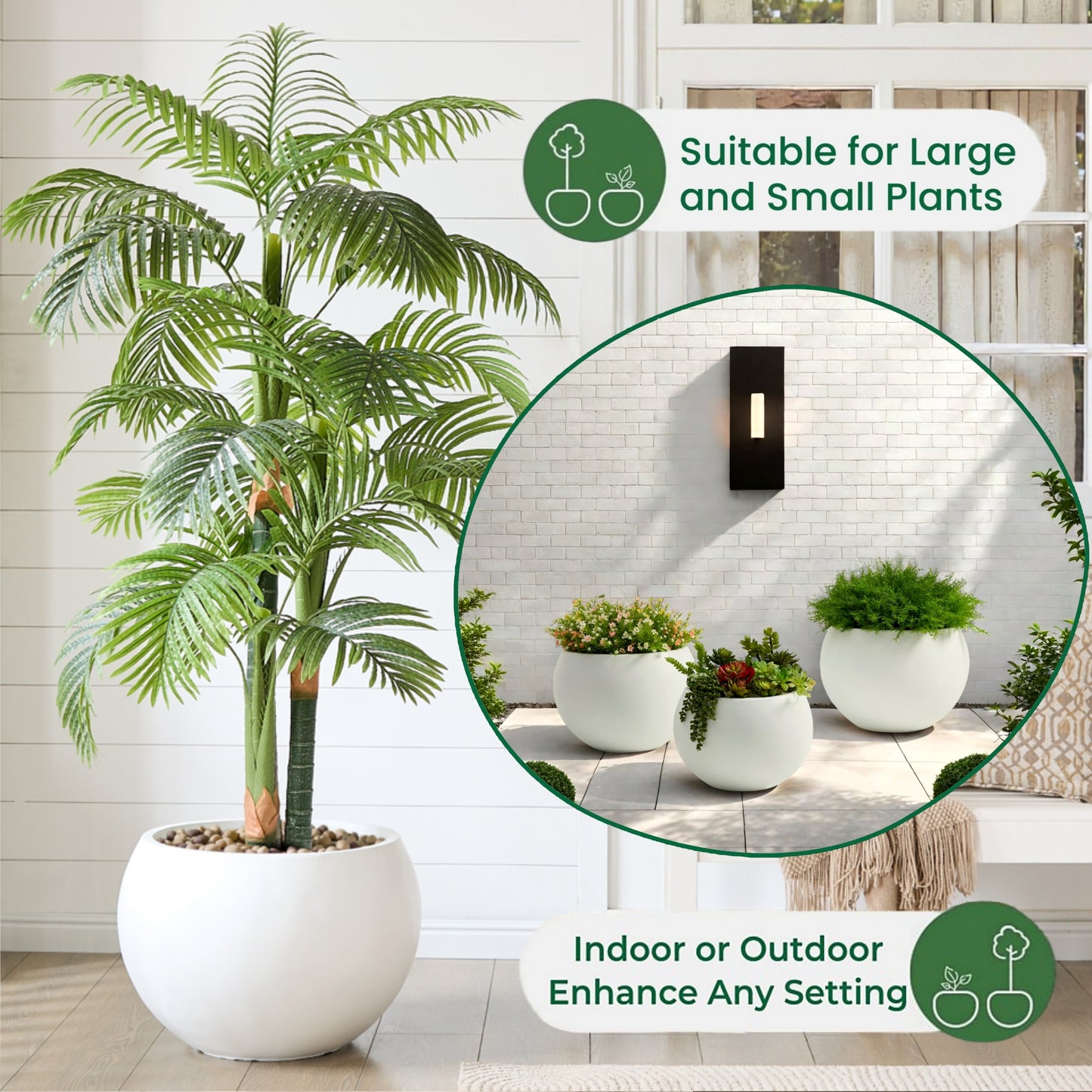 21.3" D x 14.8" H Fiberstone Extra Large Planter, White, 16.6" Pot Opening, Sphere Pots with Drainage Hole, Weather Resistance Indoor Outdoor Use
