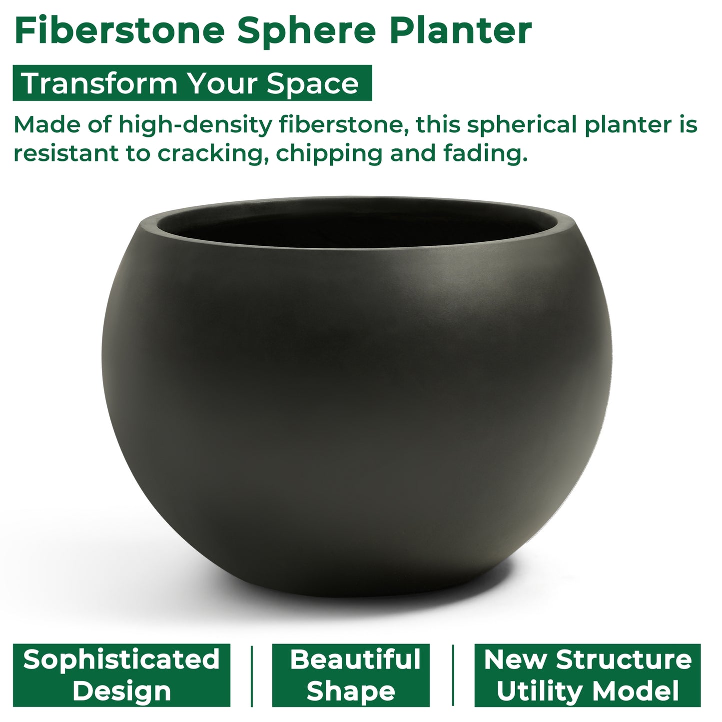 19.3" D x 13" H Fiberstone Large Size Planter, Black, 15" Pot Opening, Sphere Flower Pots with Drainage Hole, Weather Resistance Indoor/Outdoor Round Planters for Tree or Plants