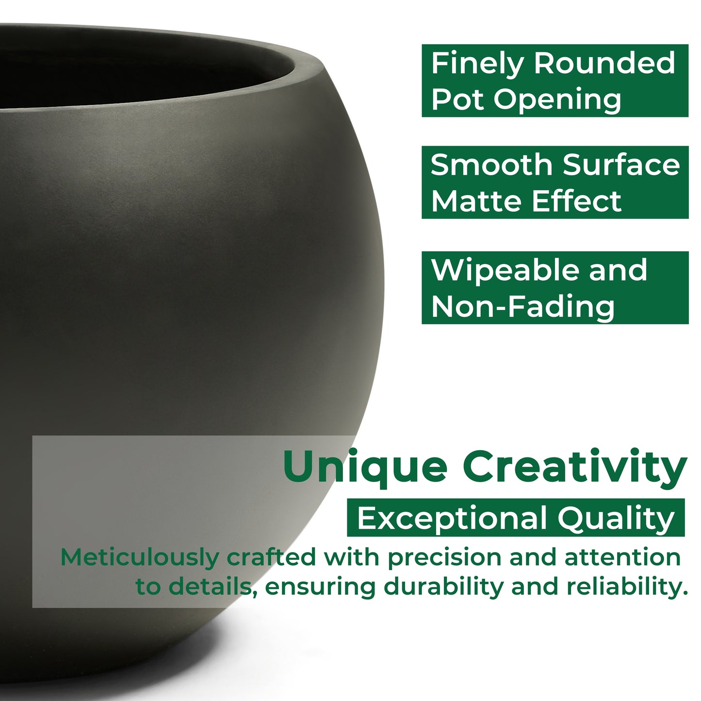 19.3" D x 13" H Fiberstone Large Size Planter, Black, 15" Pot Opening, Sphere Flower Pots with Drainage Hole, Weather Resistance Indoor/Outdoor Round Planters for Tree or Plants