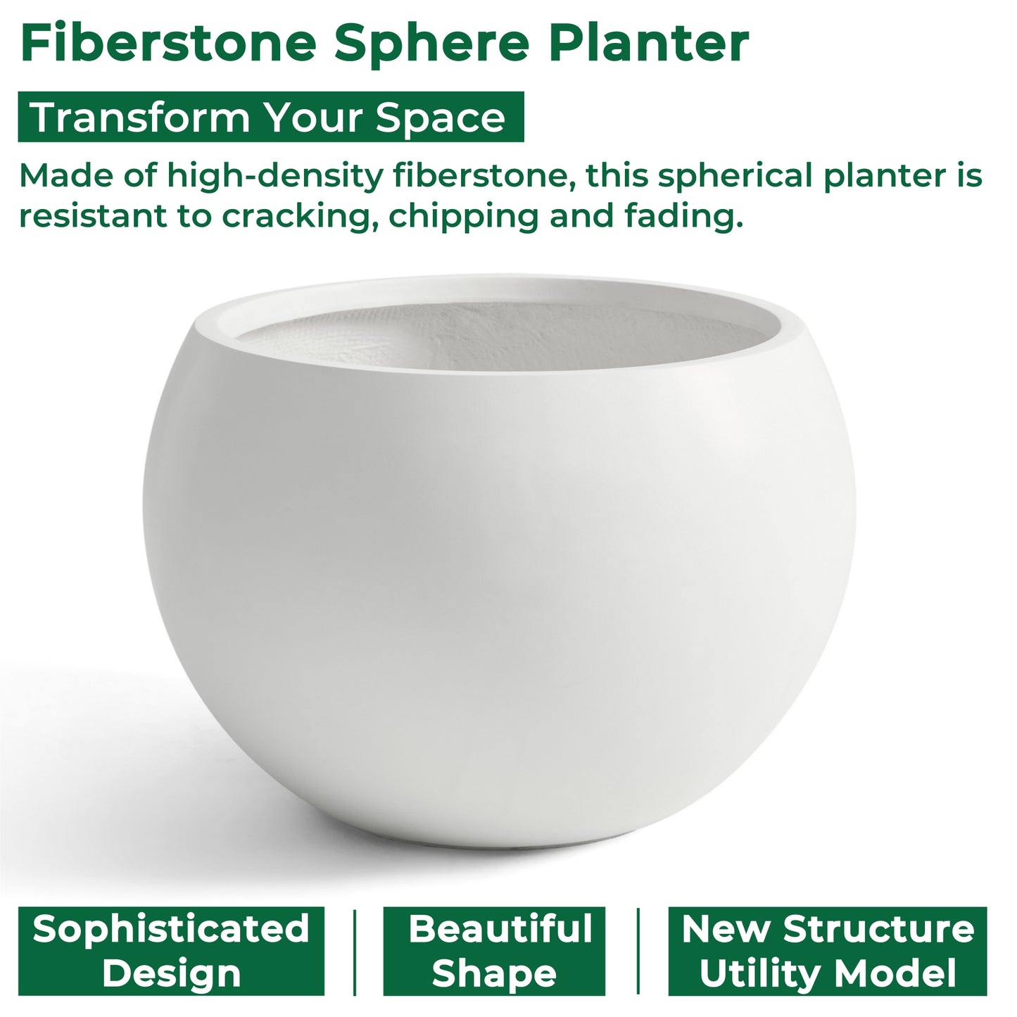 21.3" D x 14.8" H Fiberstone Extra Large Planter, White, 16.6" Pot Opening, Sphere Pots with Drainage Hole, Weather Resistance Indoor Outdoor Use
