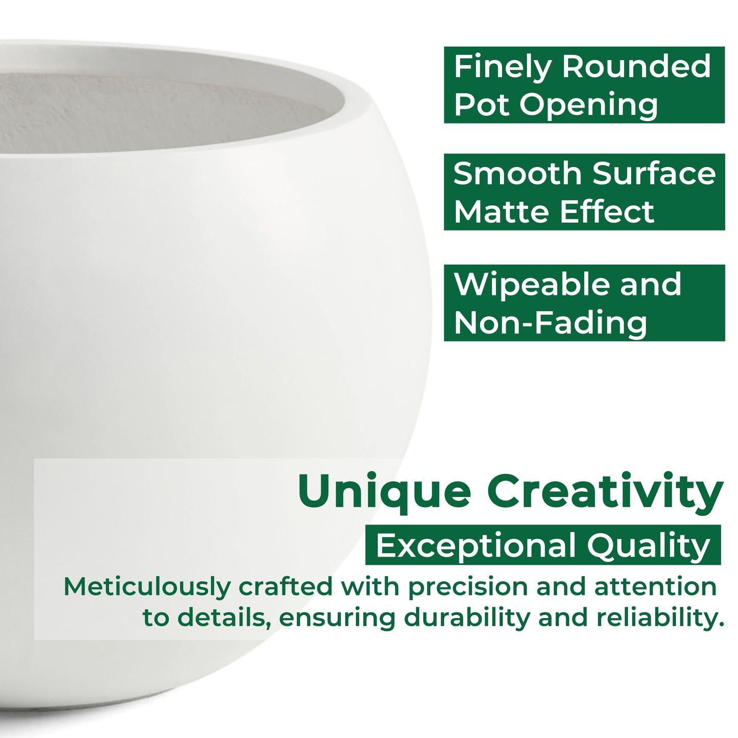 21.3" D x 14.8" H Fiberstone Extra Large Planter, White, 16.6" Pot Opening, Sphere Pots with Drainage Hole, Weather Resistance Indoor Outdoor Use
