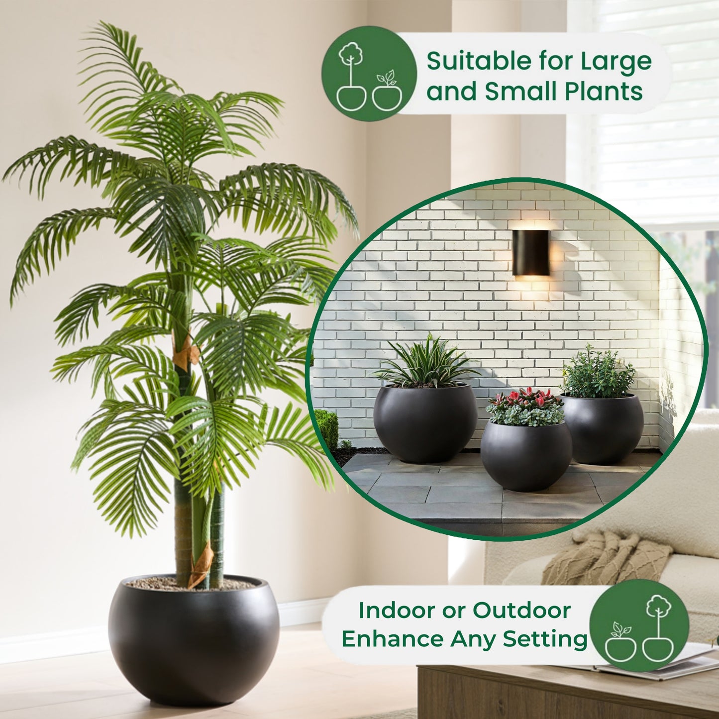 19.3" D x 13" H Fiberstone Large Size Planter, Black, 15" Pot Opening, Sphere Flower Pots with Drainage Hole, Weather Resistance Indoor/Outdoor Round Planters for Tree or Plants
