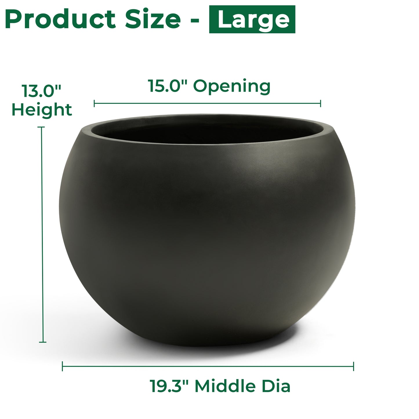 19.3" D x 13" H Fiberstone Large Size Planter, Black, 15" Pot Opening, Sphere Flower Pots with Drainage Hole, Weather Resistance Indoor/Outdoor Round Planters for Tree or Plants
