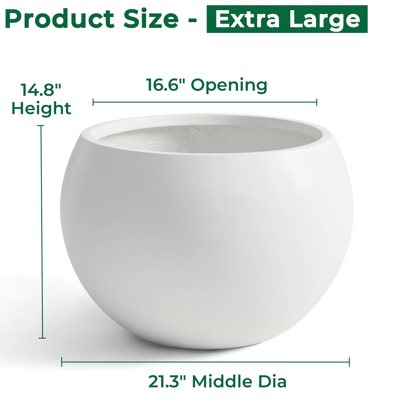 21.3" D x 14.8" H Fiberstone Extra Large Planter, White, 16.6" Pot Opening, Sphere Pots with Drainage Hole, Weather Resistance Indoor Outdoor Use