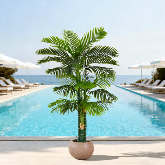 6FT Artificial Golden Cane Palm Tree, UV Resistant Fake Plant for Indoor Outdoor, 3-Trunk Faux Tree in Cement Pot for Patio, Living Room, Office Tropical Decor