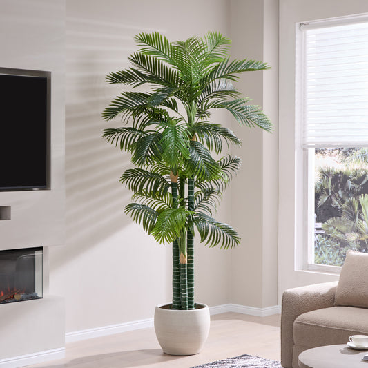 8.5FT Artificial Golden Cane Palm Tree, UV Resistant Fake Plant for Indoor Outdoor, 4-Trunk Faux Tree in Cement Pot for Patio, Living Room, Office Tropical Decor