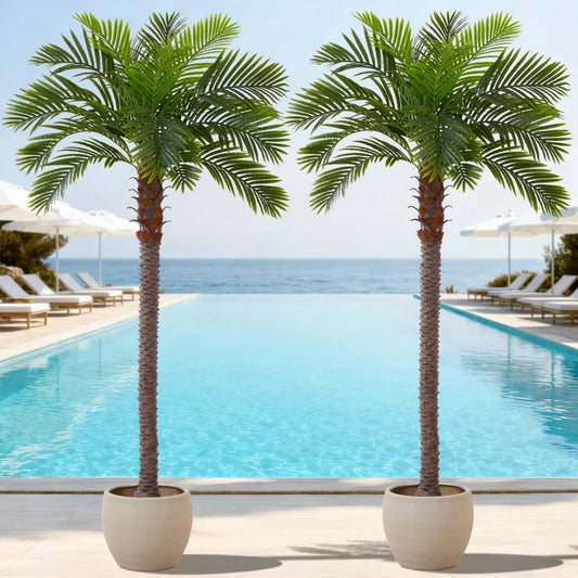 8.5FT Artificial Coconut Palm Tree (Set of 2), UV Realistic Faux Sago Palm Plants for Indoor & Outdoor, Large Tropical Fake Trees for Home Office Garden Patio Poolside Decor