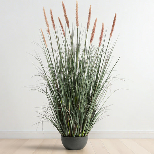 FloraFairy 4ft Artificial Onion Grass, 48in Faux Potted Plant with 10 Count Pink Flower Crowns