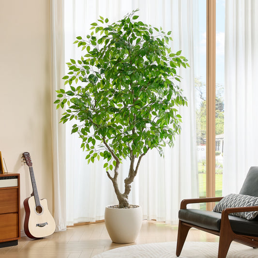 FloraFairy 8 Feet Artificial Banyan Tree, Tall Faux Trees with Planter, Ficus Microcarpa, Large Fake Plants for Indoor Decor