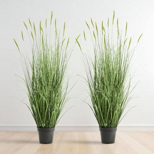 FloraFairy Faux 4ft 2-Pack Horsetail Reed Grass with Green Seed Heads, 48in Tall Fake Grass in Pot for Home Office Decor