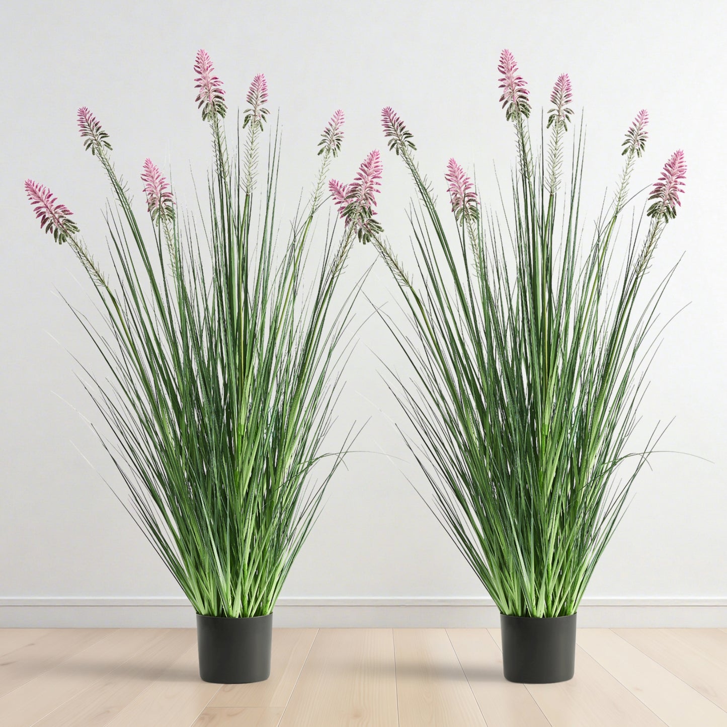 FloraFairy 4ft 2-Pack Artificial Horsetail Reed Grass with Purple Cockscomb Flower, 48in Tall Potted Faux Plants