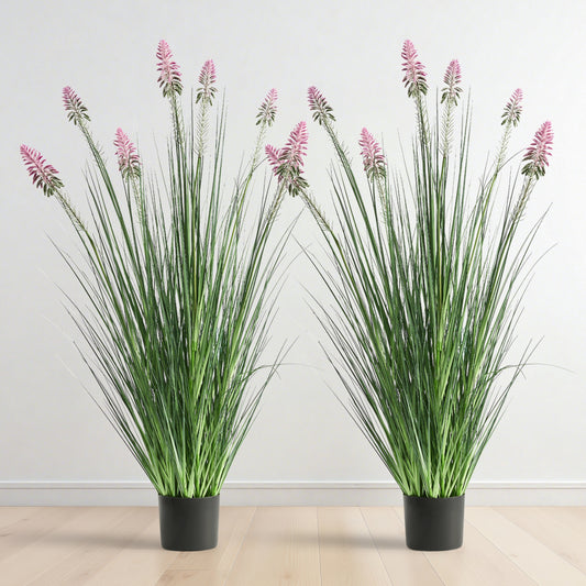 FloraFairy 4ft 2-Pack Artificial Horsetail Reed Grass with Purple Cockscomb Flower, 48in Tall Potted Faux Plants