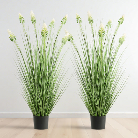 FloraFairy 4ft Faux Horsetail Reed Grass with White Cockscomb Flower, Set of 2, 48in Tall Indoor Outdoor Green Onions Fake Plants in Pot