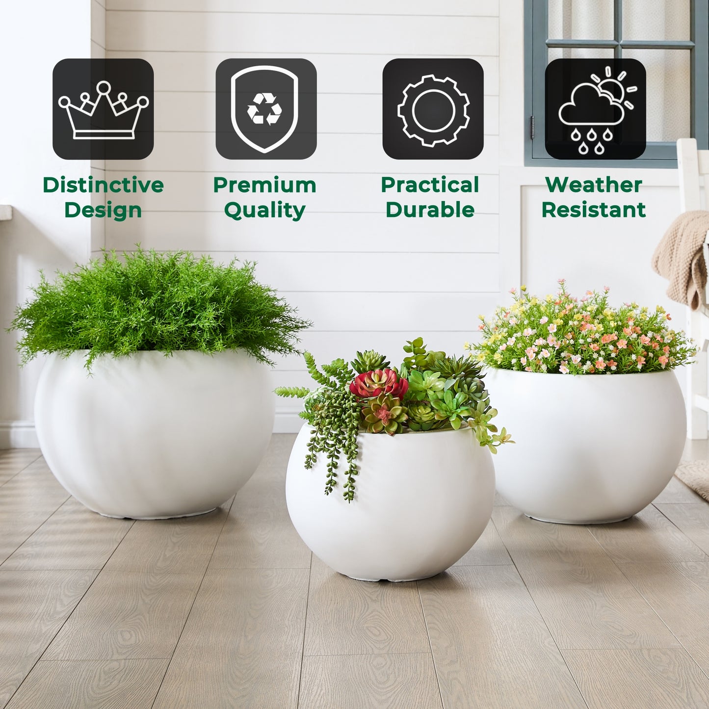 21.3" D x 14.8" H Fiberstone Extra Large Planter, White, 16.6" Pot Opening, Sphere Pots with Drainage Hole, Weather Resistance Indoor Outdoor Use