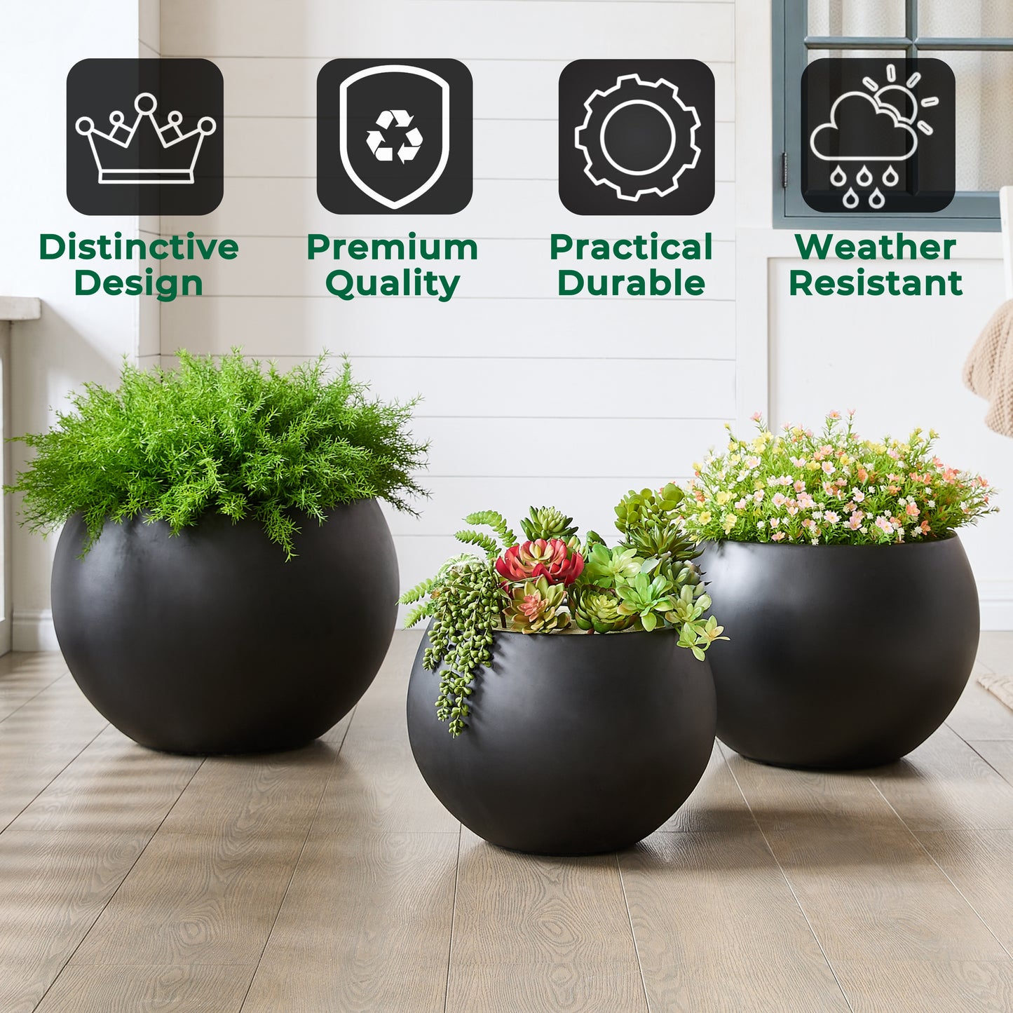19.3" D x 13" H Fiberstone Large Size Planter, Black, 15" Pot Opening, Sphere Flower Pots with Drainage Hole, Weather Resistance Indoor/Outdoor Round Planters for Tree or Plants